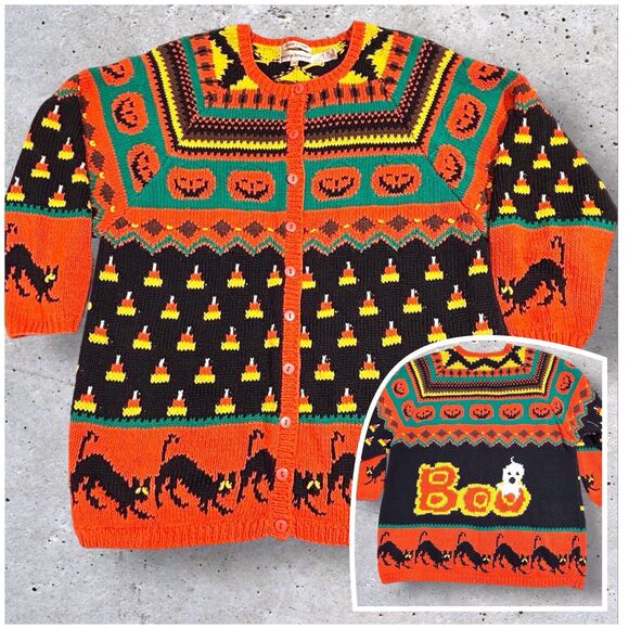 Lauren Hansen Halloween Cardigan Womens 1X Pumpkin Boo Cat Grandmacore Chunky - Picture 1 of 11